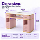 Manufakturo Glam Station Bare Blush manicure desk dimensions: 120 cm length, 45 cm depth and 79 cm height, with shelf and leg-space measurements.