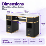 Manufakturo Glam Station Black manicure desk dimensions: 120 cm length, 45 cm depth and 79 cm height, with shelf and leg-space measurements.