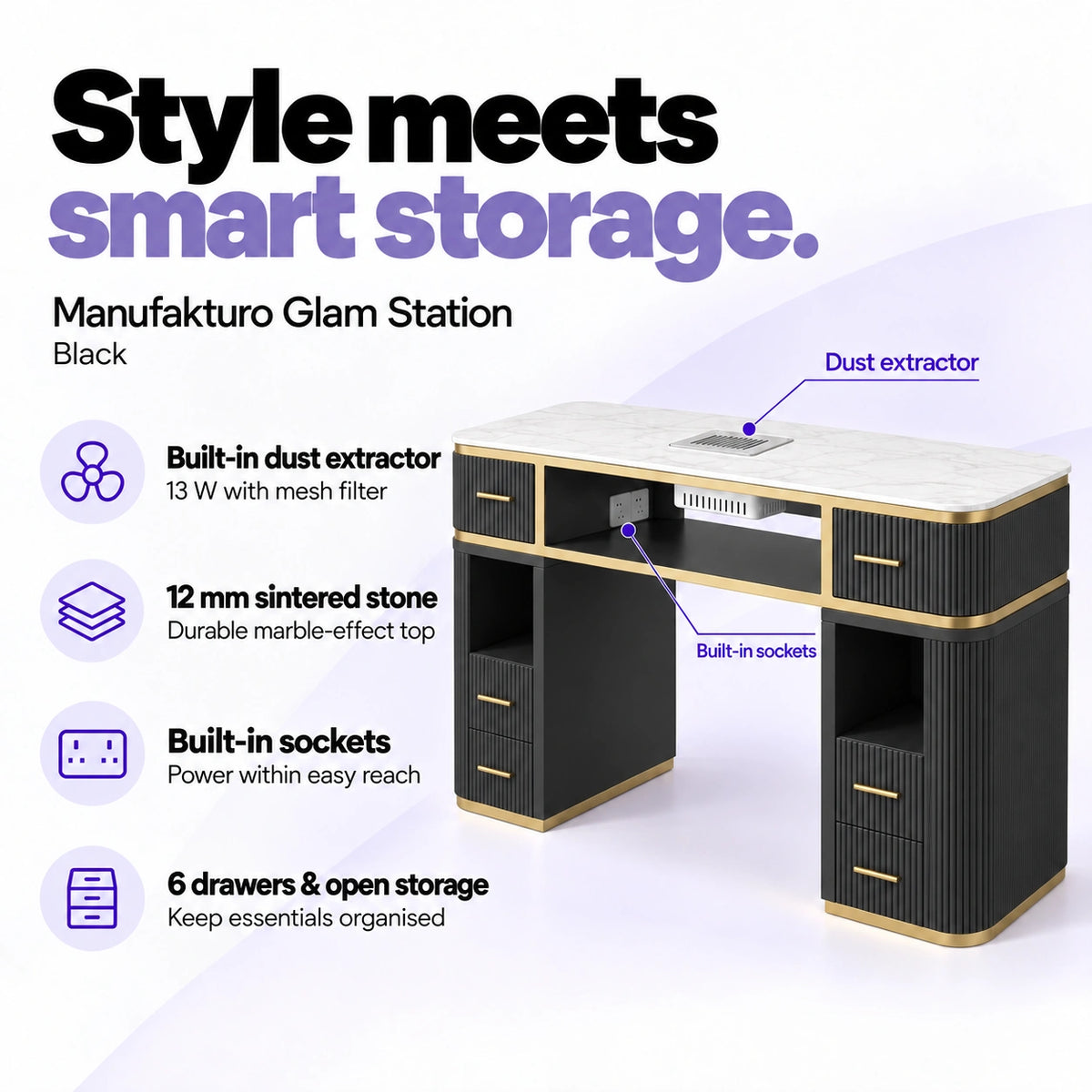 Manufakturo Glam Station Black manicure desk with 13 W built-in dust extractor, 12 mm sintered stone top, built-in sockets, six drawers and open storage.