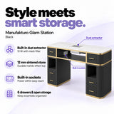 Manufakturo Glam Station Black manicure desk with 13 W built-in dust extractor, 12 mm sintered stone top, built-in sockets, six drawers and open storage.