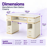 Manufakturo Glam Station Creamy manicure desk dimensions: 120 cm length, 45 cm depth and 79 cm height, with shelf and leg-space measurements.