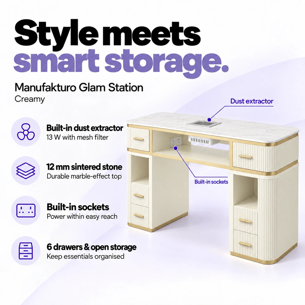 Manufakturo Glam Station Creamy manicure desk with 13 W built-in dust extractor, 12 mm sintered stone top, built-in sockets, six drawers and open storage.