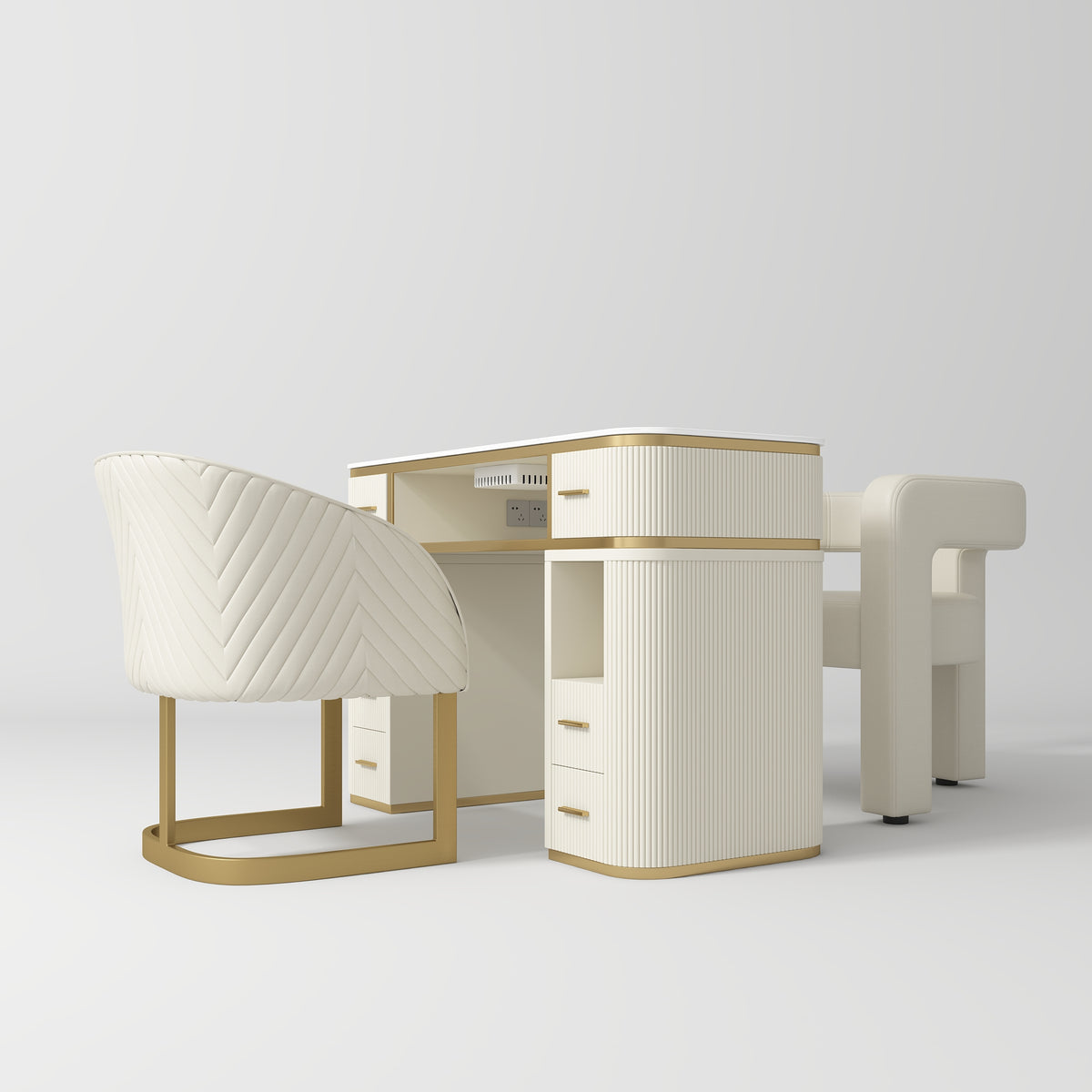 Manufakturo Glam Station Manicure Set With Dust Extractor & Two Chairs - Creamy - coordinated furniture pieces arranged on a white background