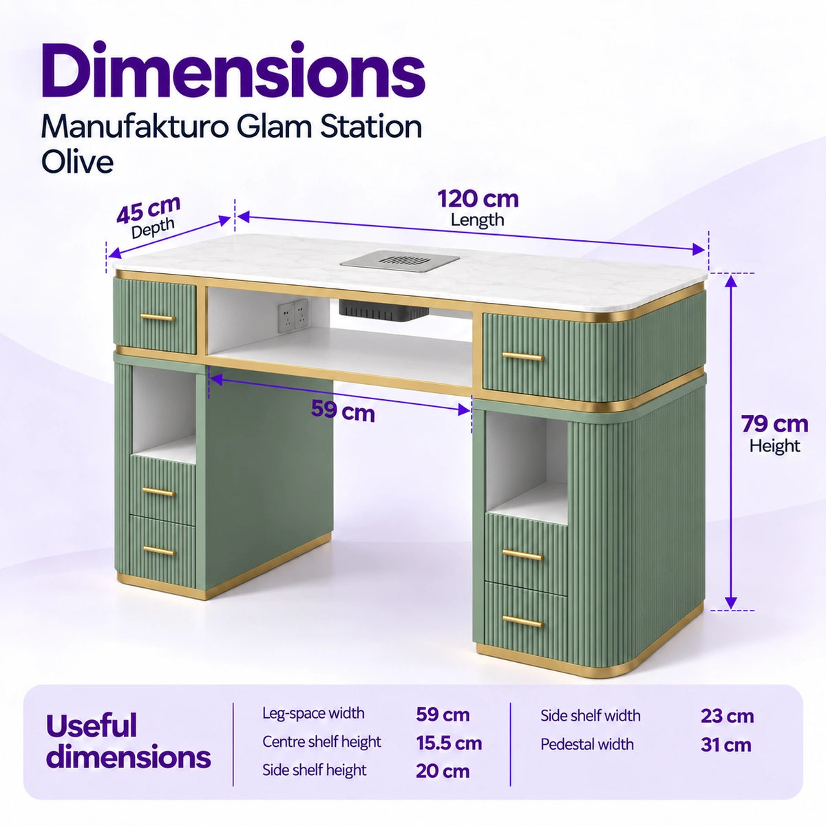 Manufakturo Glam Station Olive manicure desk dimensions: 120 cm length, 45 cm depth and 79 cm height, with shelf and leg-space measurements.