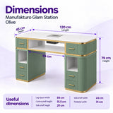 Manufakturo Glam Station Olive manicure desk dimensions: 120 cm length, 45 cm depth and 79 cm height, with shelf and leg-space measurements.