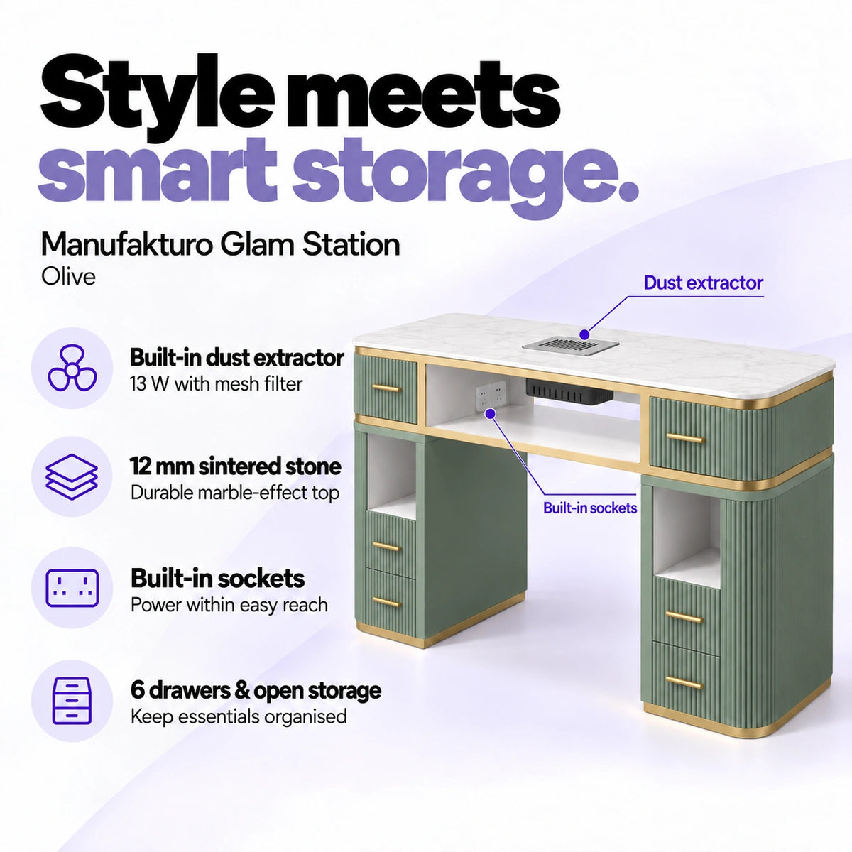 Manufakturo Glam Station Olive manicure desk with 13 W built-in dust extractor, 12 mm sintered stone top, built-in sockets, six drawers and open storage.
