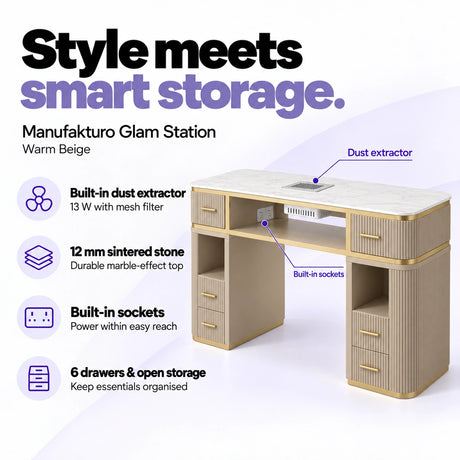 Manufakturo Glam Station Warm Beige manicure desk with 13 W built-in dust extractor, 12 mm sintered stone top, built-in sockets, six drawers and open storage.