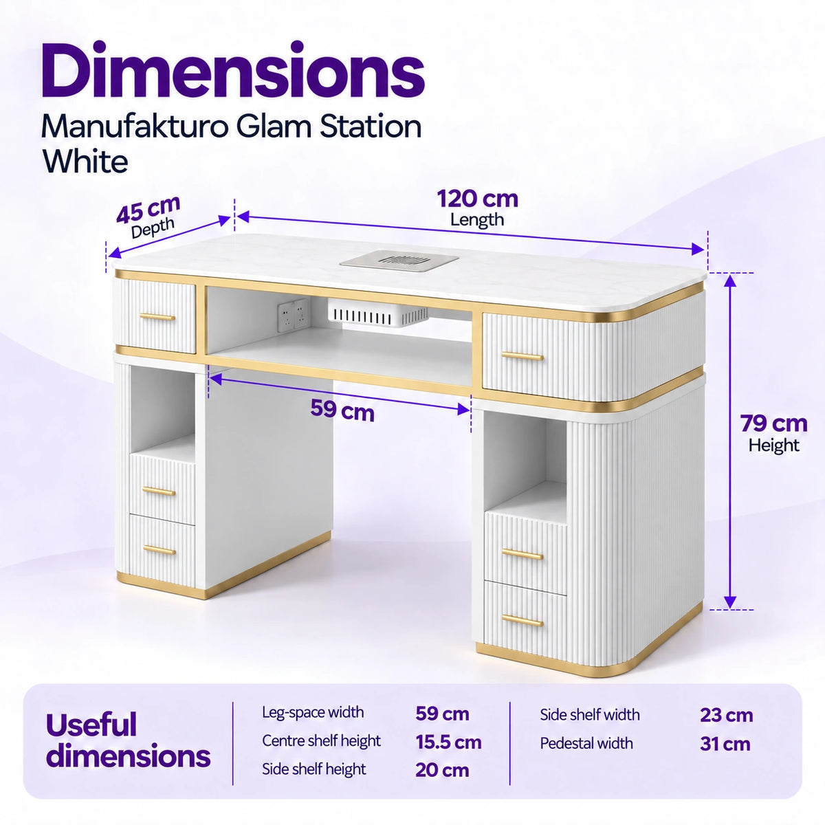 Manufakturo Glam Station White manicure desk dimensions: 120 cm length, 45 cm depth and 79 cm height, with shelf and leg-space measurements.