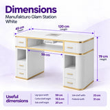 Manufakturo Glam Station White manicure desk dimensions: 120 cm length, 45 cm depth and 79 cm height, with shelf and leg-space measurements.