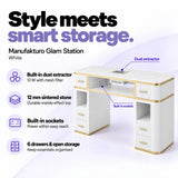 Manufakturo Glam Station White manicure desk with 13 W built-in dust extractor, 12 mm sintered stone top, built-in sockets, six drawers and open storage.