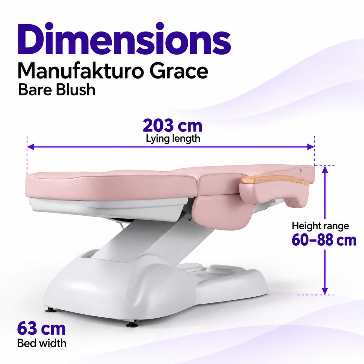 Manufakturo Grace Bare Blush electric beauty bed dimensions: 203 cm lying length, 63 cm bed width and adjustable height from 60 to 88 cm.
