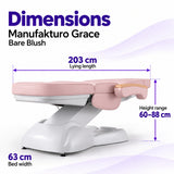 Manufakturo Grace Bare Blush electric beauty bed dimensions: 203 cm lying length, 63 cm bed width and adjustable height from 60 to 88 cm.