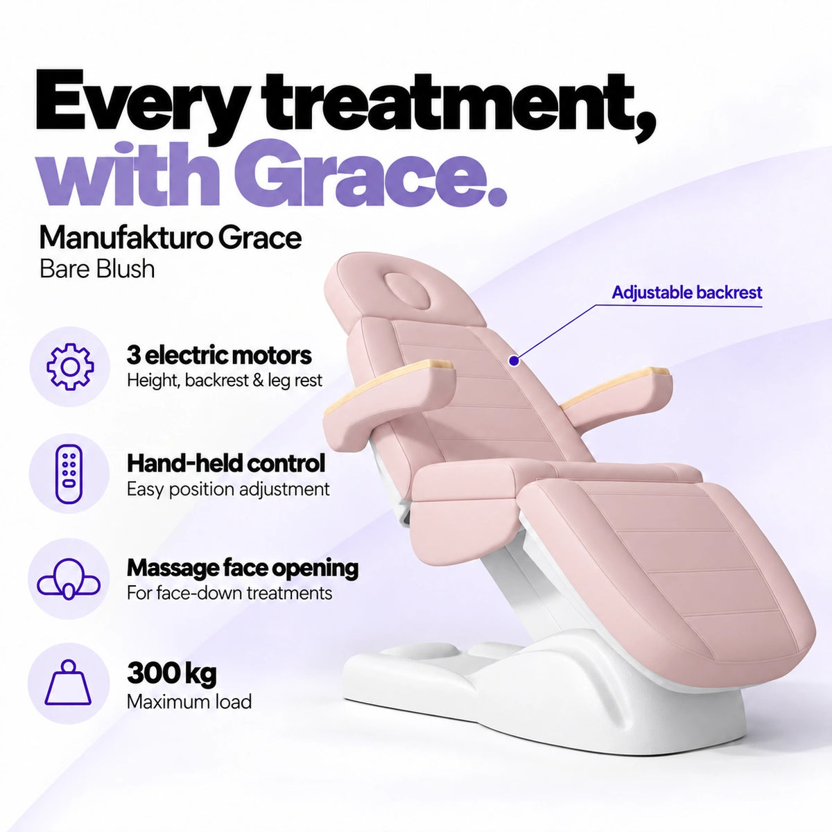 Manufakturo Grace Bare Blush electric beauty bed with 3 motors for height, backrest and leg rest adjustment, hand-held control, massage face opening and 300 kg maximum load.