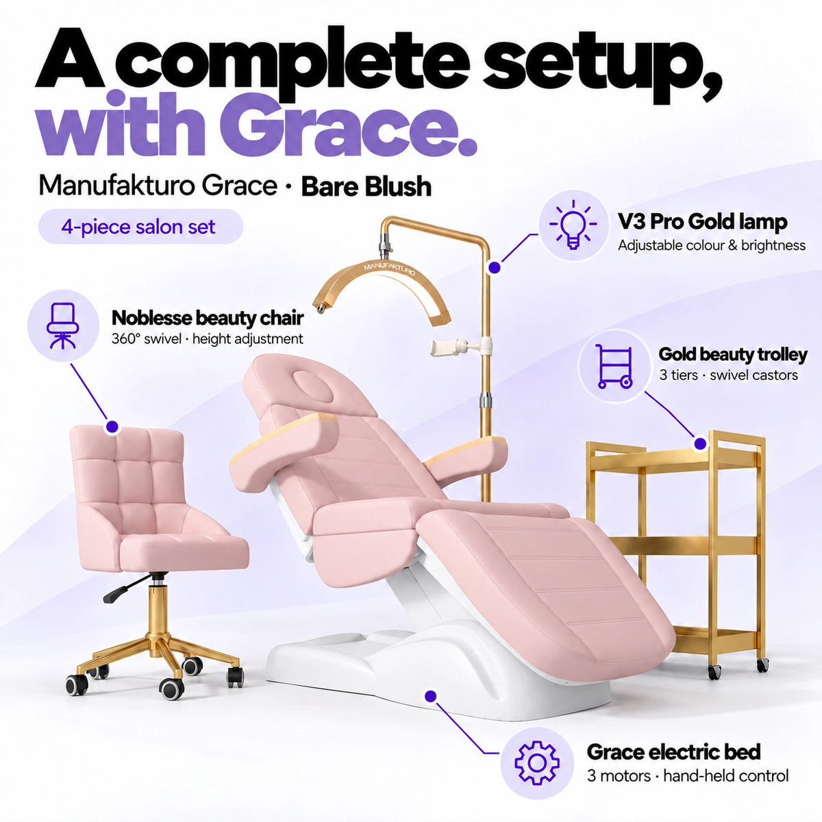 Manufakturo Grace Bare Blush four-piece salon set features: three-motor electric bed with hand-held control, Noblesse swivel chair, adjustable V3 Pro Gold lamp and three-tier gold trolley.