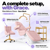 Manufakturo Grace Bare Blush four-piece salon set features: three-motor electric bed with hand-held control, Noblesse swivel chair, adjustable V3 Pro Gold lamp and three-tier gold trolley.