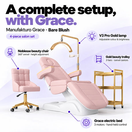 Manufakturo Grace Bare Blush four-piece salon set features: three-motor electric bed with hand-held control, Noblesse swivel chair, adjustable V3 Pro Gold lamp and three-tier gold trolley.