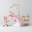 Manufakturo Grace Bare Blush complete salon set with electric beauty bed, Noblesse chair, V3 Pro Gold treatment lamp and three-tier gold trolley.