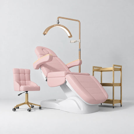 Manufakturo Grace Bare Blush complete salon set with electric beauty bed, Noblesse chair, V3 Pro Gold treatment lamp and three-tier gold trolley.