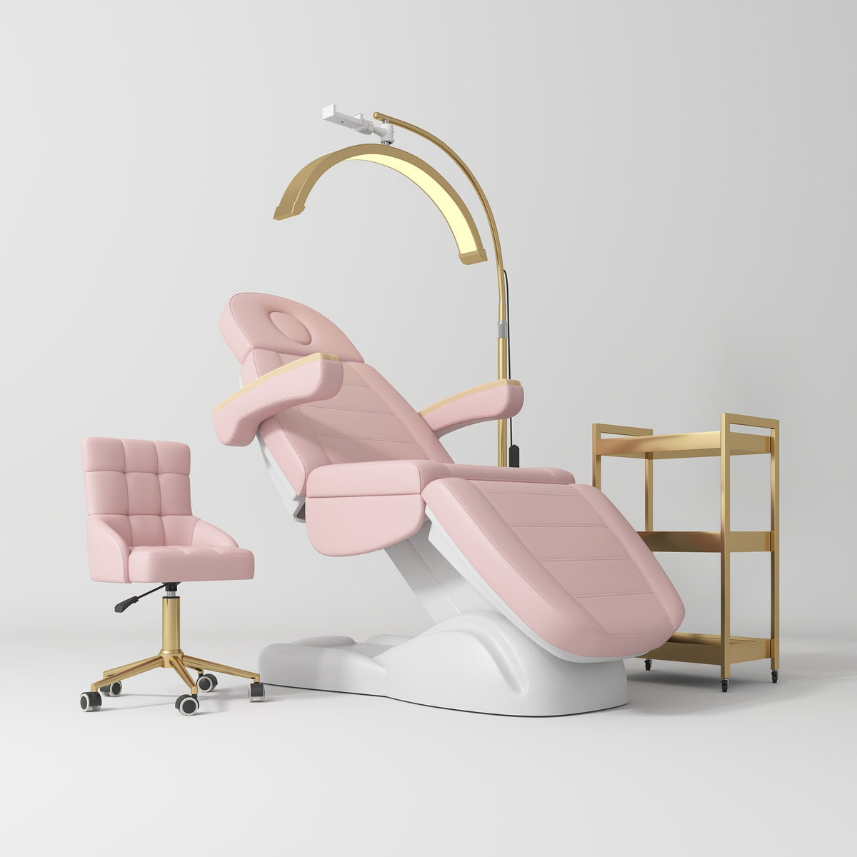 Manufakturo Grace Bare Blush The Complete Salon Set - Beauty Bed, Chair, Moonlight & Trolley - coordinated furniture pieces arranged on a white background