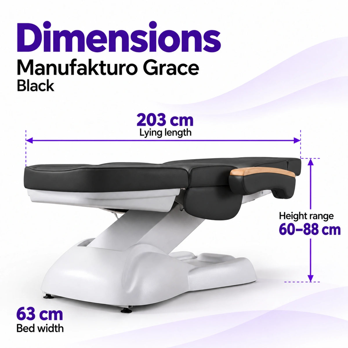 Manufakturo Grace Black electric beauty bed dimensions: 203 cm lying length, 63 cm bed width and adjustable height from 60 to 88 cm.