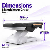 Manufakturo Grace Black electric beauty bed dimensions: 203 cm lying length, 63 cm bed width and adjustable height from 60 to 88 cm.