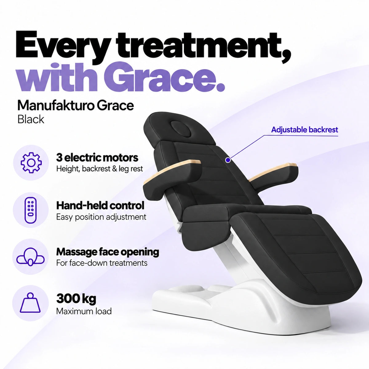 Manufakturo Grace Black electric beauty bed with 3 motors for height, backrest and leg rest adjustment, hand-held control, massage face opening and 300 kg maximum load.
