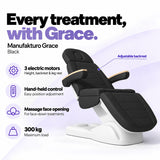 Manufakturo Grace Black electric beauty bed with 3 motors for height, backrest and leg rest adjustment, hand-held control, massage face opening and 300 kg maximum load.
