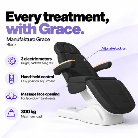 Manufakturo Grace Black electric beauty bed with 3 motors for height, backrest and leg rest adjustment, hand-held control, massage face opening and 300 kg maximum load.