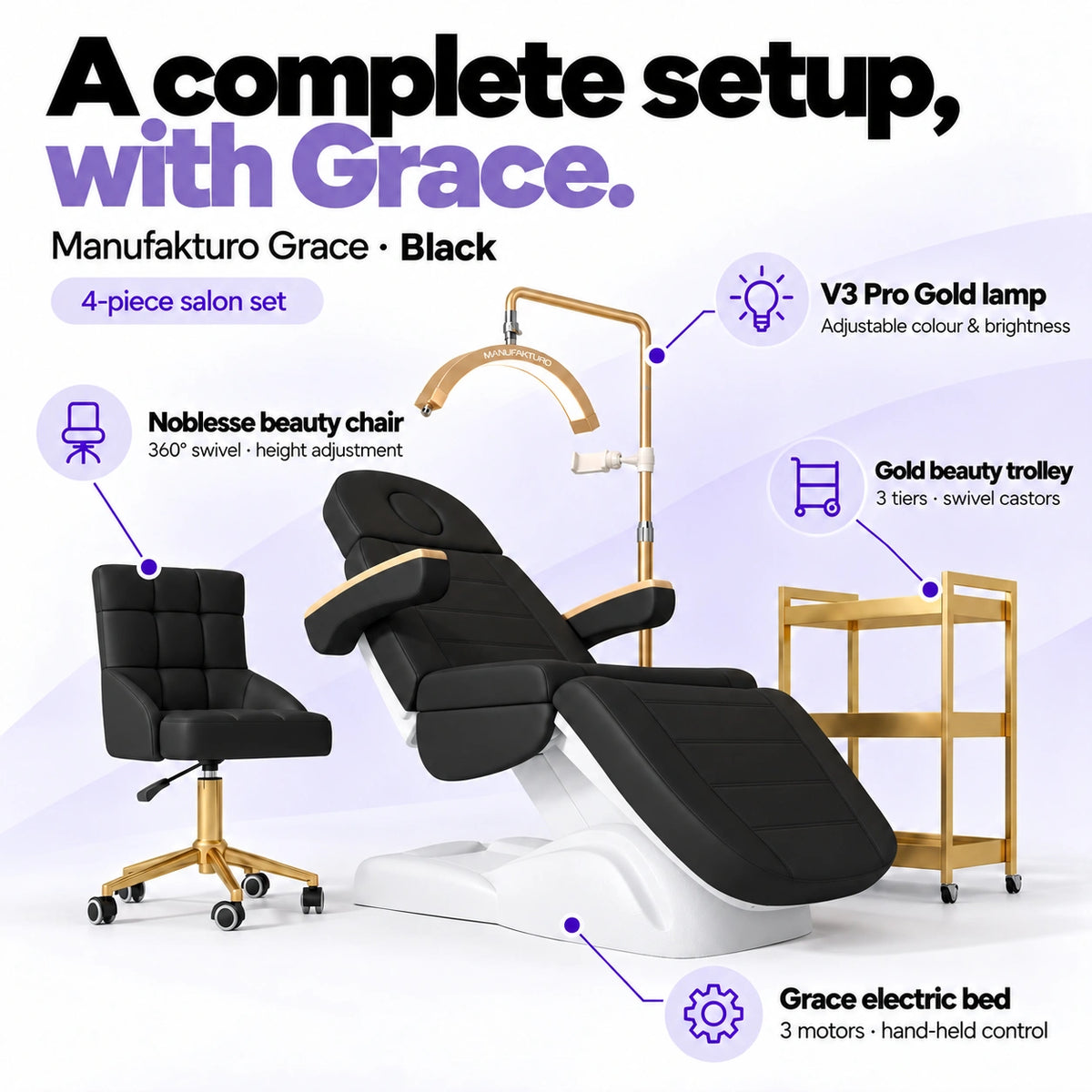 Manufakturo Grace Black four-piece salon set features: three-motor electric bed with hand-held control, Noblesse swivel chair, adjustable V3 Pro Gold lamp and three-tier gold trolley.