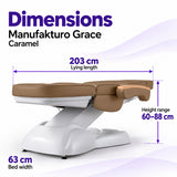 Manufakturo Grace Caramel electric beauty bed dimensions: 203 cm lying length, 63 cm bed width and adjustable height from 60 to 88 cm.