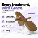 Manufakturo Grace Caramel electric beauty bed with 3 motors for height, backrest and leg rest adjustment, hand-held control, massage face opening and 300 kg maximum load.