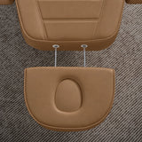 Manufakturo Grace Caramel electric beauty bed extended headrest with fitted face insert and two metal adjustment rods.
