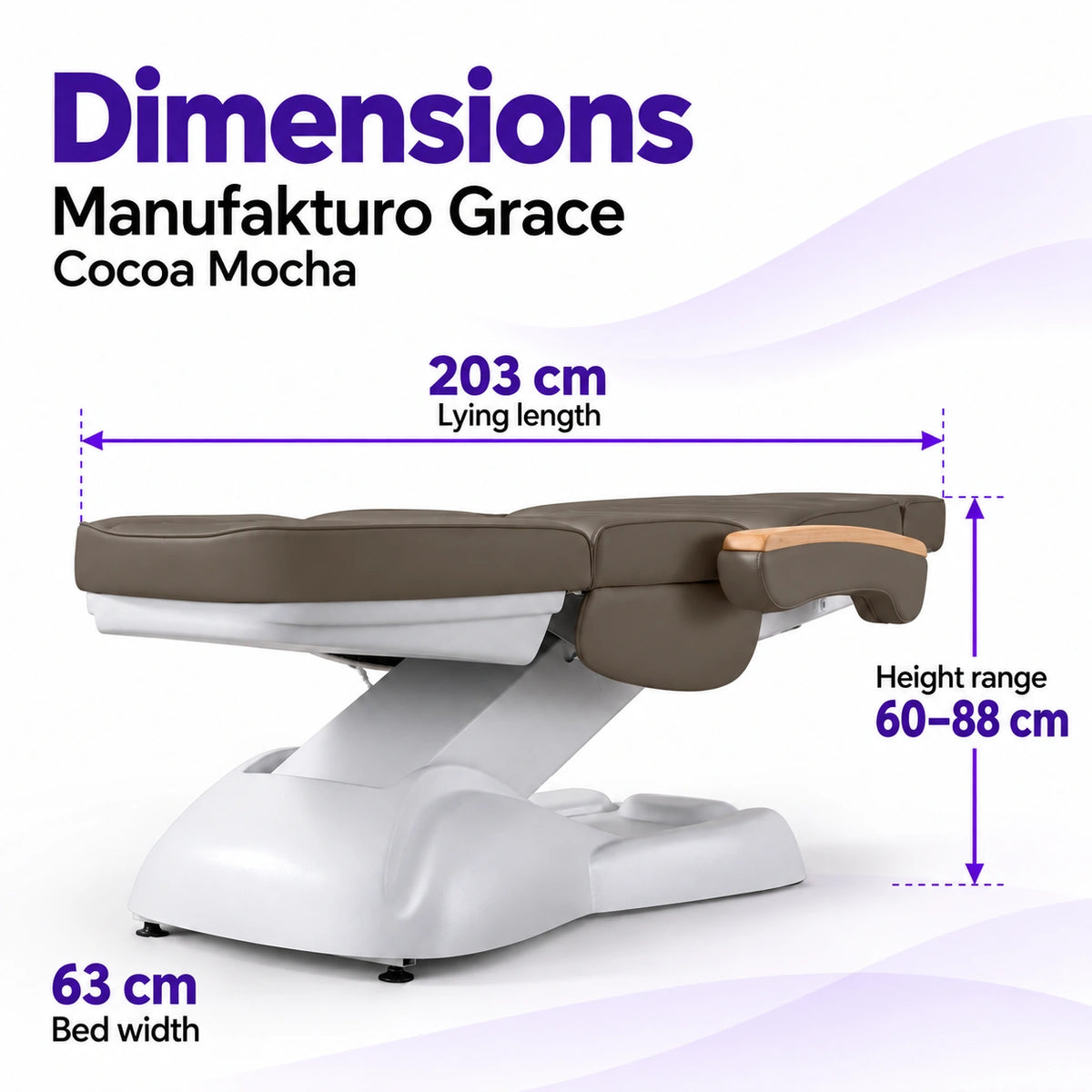 Manufakturo Grace Cocoa Mocha electric beauty bed dimensions: 203 cm lying length, 63 cm bed width and adjustable height from 60 to 88 cm.
