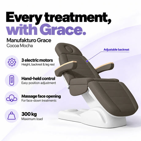 Manufakturo Grace Cocoa Mocha electric beauty bed with 3 motors for height, backrest and leg rest adjustment, hand-held control, massage face opening and 300 kg maximum load.