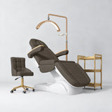 Manufakturo Grace Cocoa Mocha complete salon set with electric beauty bed, Noblesse chair, V3 Pro Gold treatment lamp and three-tier gold trolley.