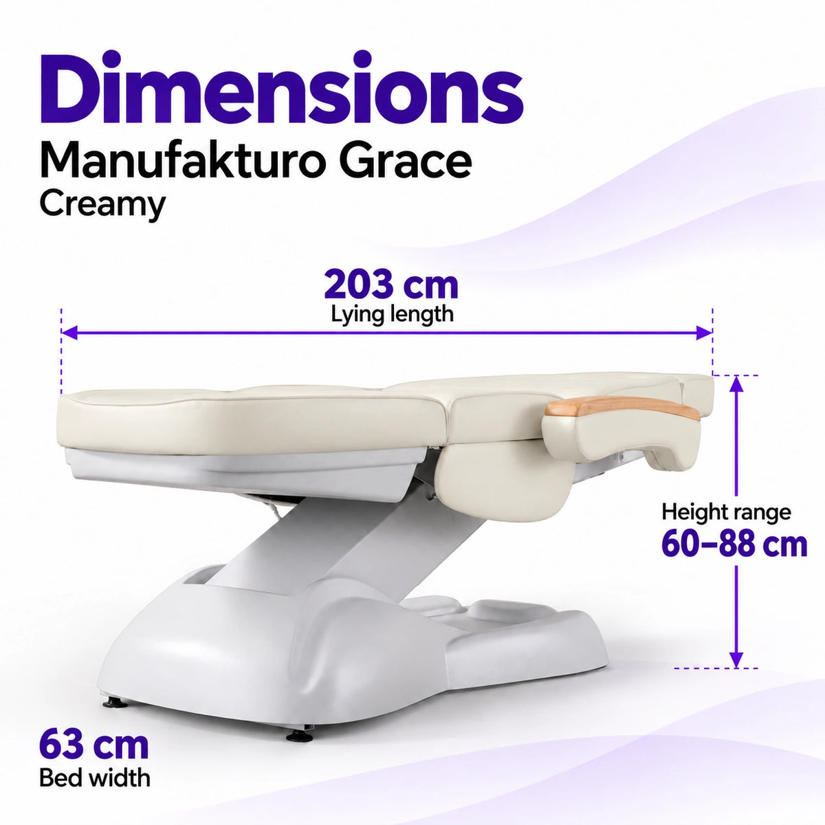 Manufakturo Grace Creamy electric beauty bed dimensions: 203 cm lying length, 63 cm bed width and adjustable height from 60 to 88 cm.