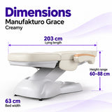 Manufakturo Grace Creamy electric beauty bed dimensions: 203 cm lying length, 63 cm bed width and adjustable height from 60 to 88 cm.