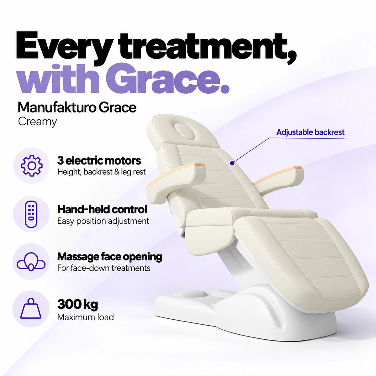 Manufakturo Grace Creamy electric beauty bed with 3 motors for height, backrest and leg rest adjustment, hand-held control, massage face opening and 300 kg maximum load.