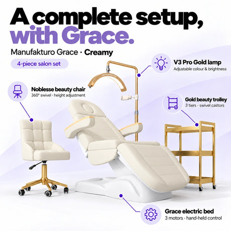 Manufakturo Grace Creamy four-piece salon set features: three-motor electric bed with hand-held control, Noblesse swivel chair, adjustable V3 Pro Gold lamp and three-tier gold trolley.
