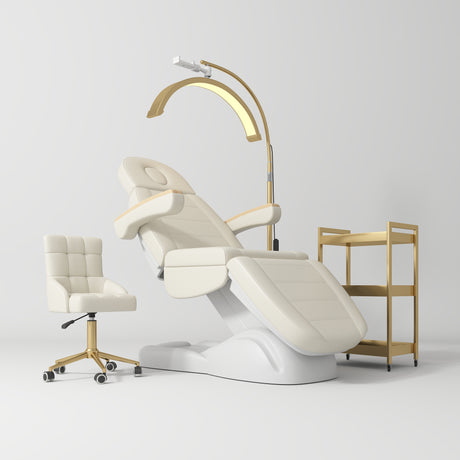Manufakturo Grace Creamy The Complete Salon Set - Beauty Bed, Chair, Moonlight & Trolley - coordinated furniture pieces arranged on a white background