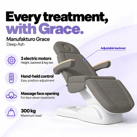 Manufakturo Grace Deep Ash electric beauty bed with 3 motors for height, backrest and leg rest adjustment, hand-held control, massage face opening and 300 kg maximum load.