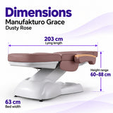 Manufakturo Grace Dusty Rose electric beauty bed dimensions: 203 cm lying length, 63 cm bed width and adjustable height from 60 to 88 cm.