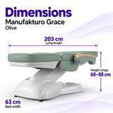 Manufakturo Grace Olive electric beauty bed dimensions: 203 cm lying length, 63 cm bed width and adjustable height from 60 to 88 cm.