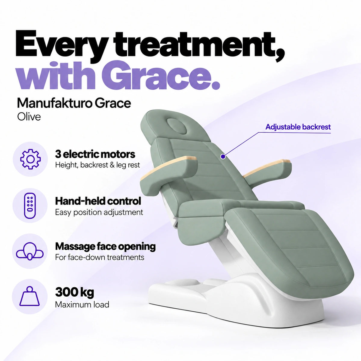 Manufakturo Grace Olive electric beauty bed with 3 motors for height, backrest and leg rest adjustment, hand-held control, massage face opening and 300 kg maximum load.