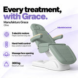 Manufakturo Grace Olive electric beauty bed with 3 motors for height, backrest and leg rest adjustment, hand-held control, massage face opening and 300 kg maximum load.
