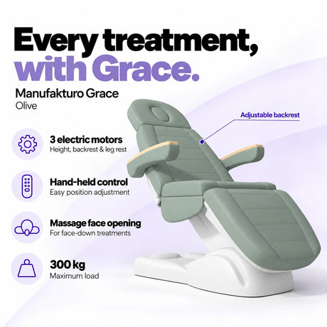 Manufakturo Grace Olive electric beauty bed with 3 motors for height, backrest and leg rest adjustment, hand-held control, massage face opening and 300 kg maximum load.