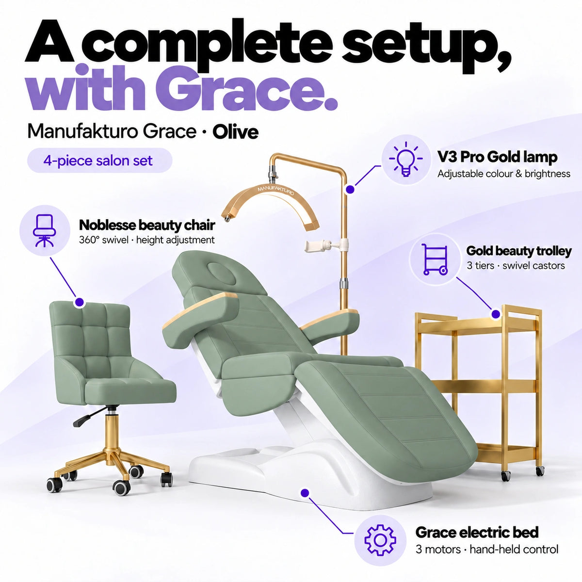 Manufakturo Grace Olive four-piece salon set features: three-motor electric bed with hand-held control, Noblesse swivel chair, adjustable V3 Pro Gold lamp and three-tier gold trolley.