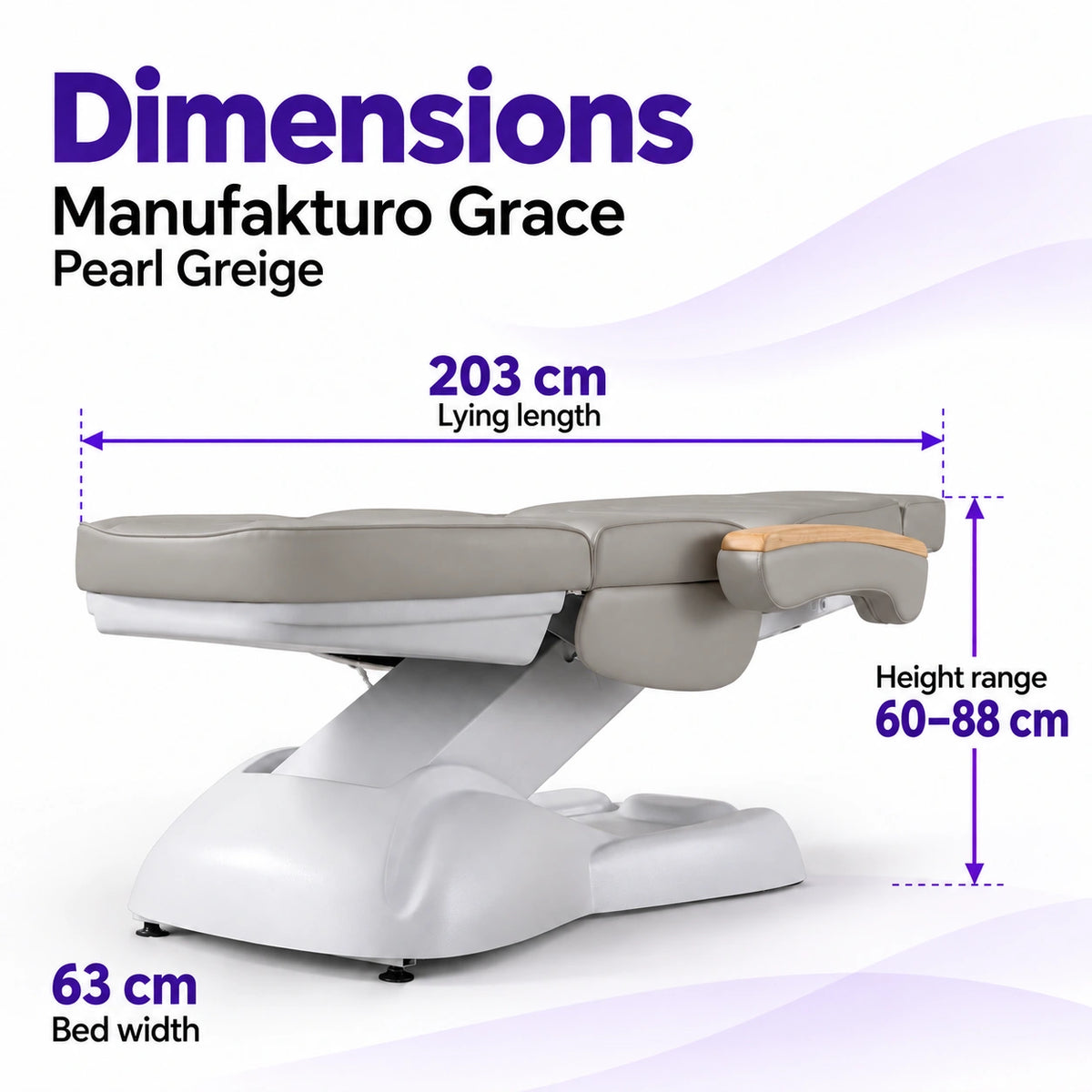 Manufakturo Grace Pearl Greige electric beauty bed dimensions: 203 cm lying length, 63 cm bed width and adjustable height from 60 to 88 cm.