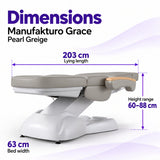 Manufakturo Grace Pearl Greige electric beauty bed dimensions: 203 cm lying length, 63 cm bed width and adjustable height from 60 to 88 cm.
