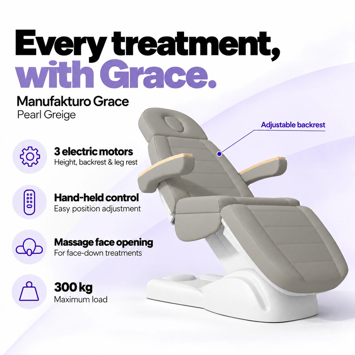 Manufakturo Grace Pearl Greige electric beauty bed with 3 motors for height, backrest and leg rest adjustment, hand-held control, massage face opening and 300 kg maximum load.